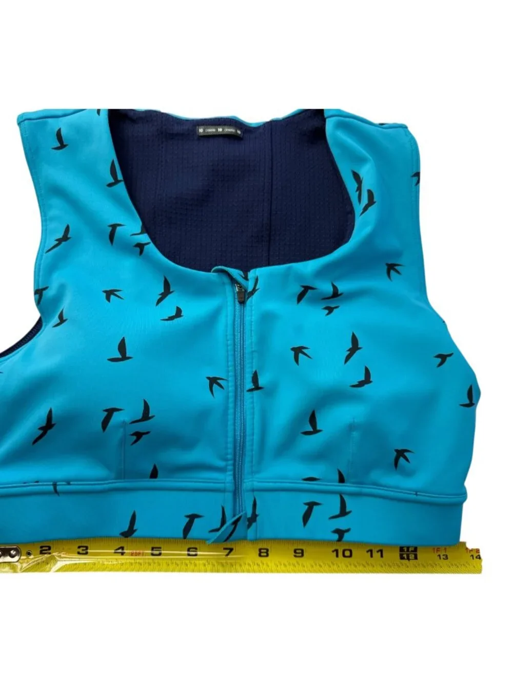 OISELLE Running Sports Bra.  Teal Blue. Bird Print. Size Women's 10 Front Zipper